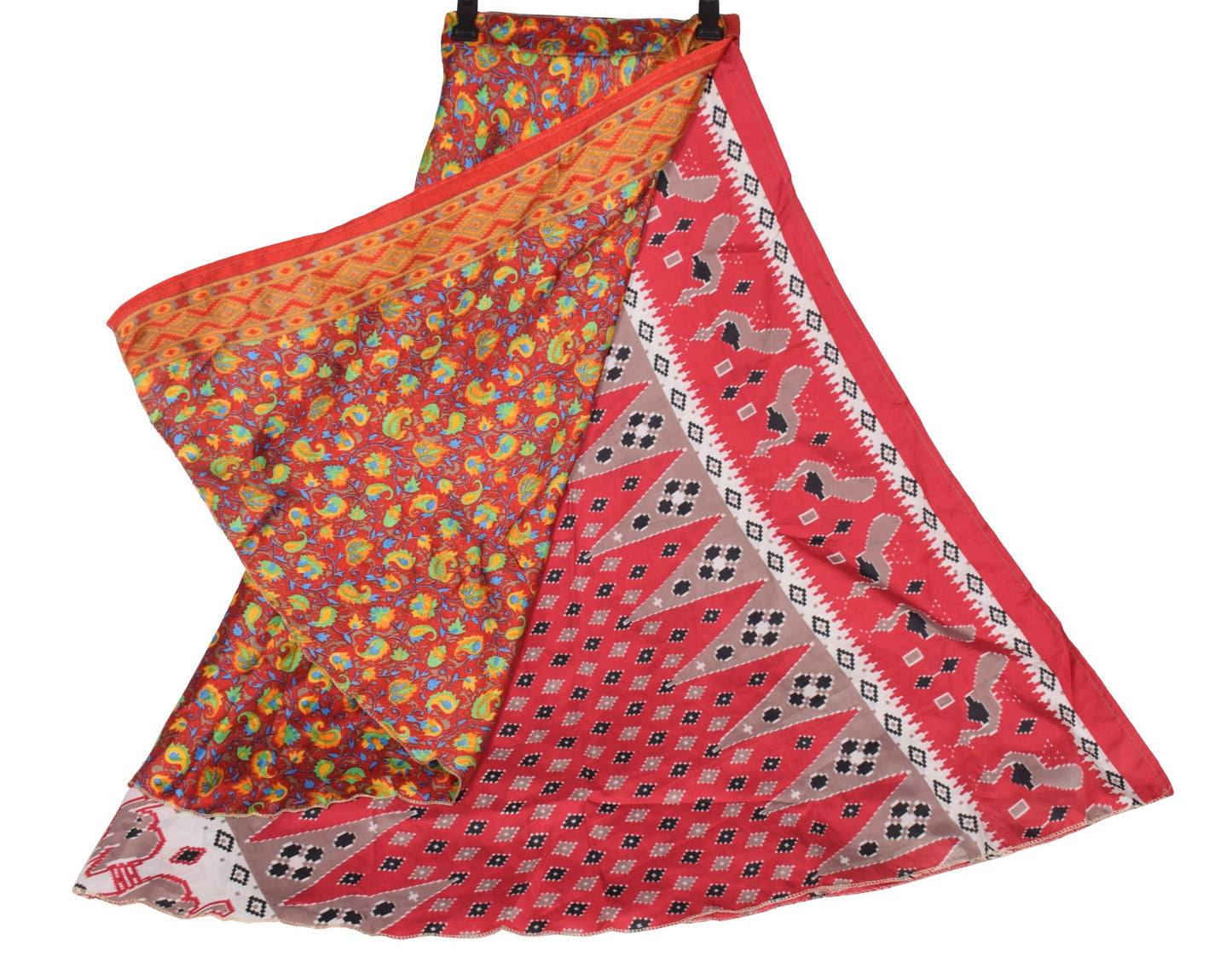 Sushila Vintage Floral Red ArtSilk Saree Magic Wrap Reversible Skirt BeachDress