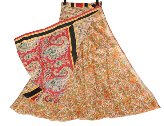 Sushila Vintage Art Silk Saree Magic Wrap Reversible Skirt Beach Dress white Floral