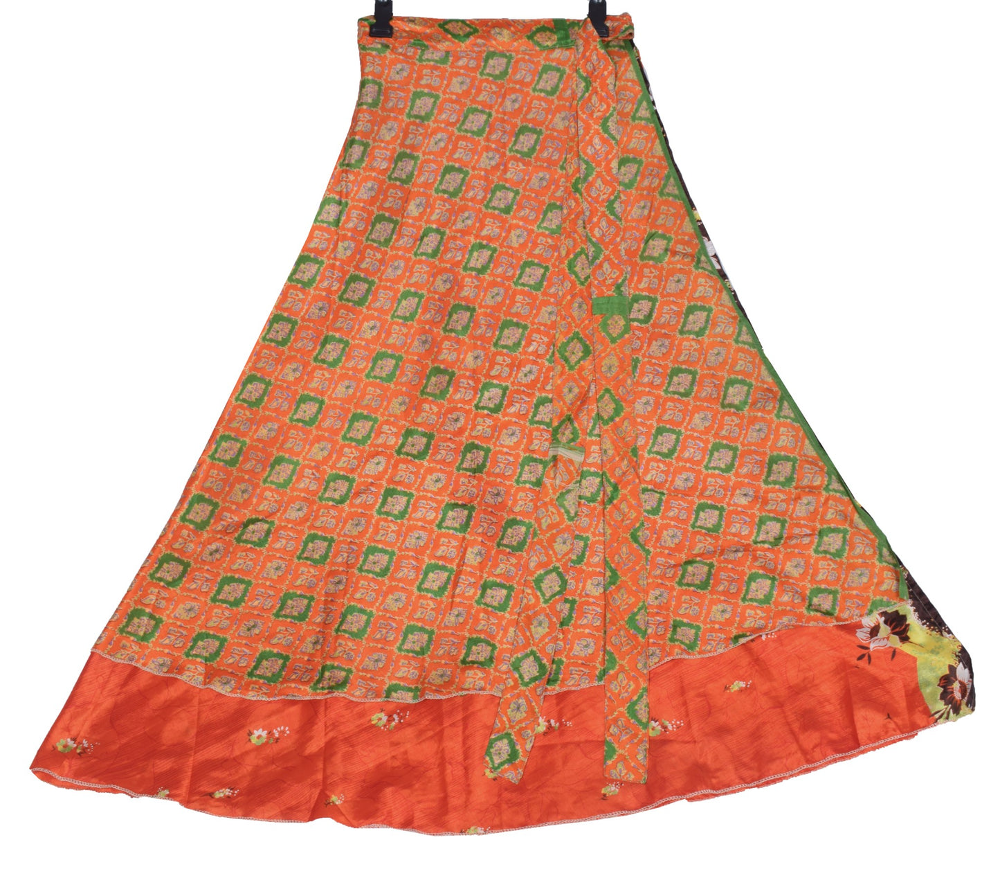 Sushila Vintage Dark Orange Saree Magic Wrap Reversible Skirt Art Silk Beach Dress