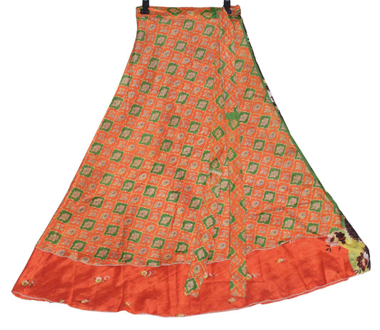 Sushila Vintage Dark Orange Saree Magic Wrap Reversible Skirt Art Silk Beach Dress