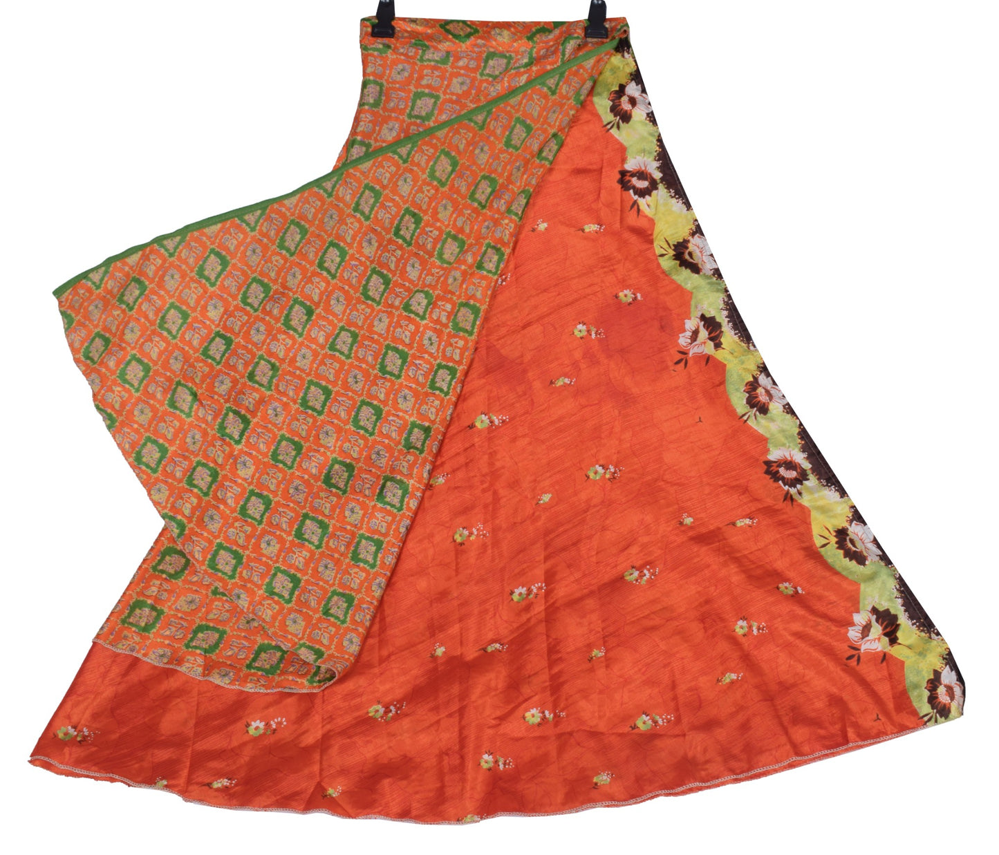 Sushila Vintage Dark Orange Saree Magic Wrap Reversible Skirt Art Silk Beach Dress