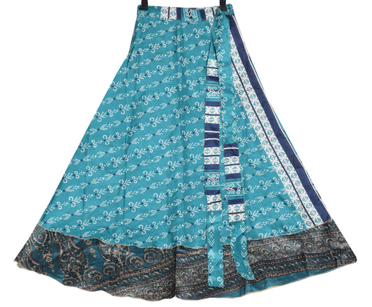 Sushila Vintage Tal Blue Art Silk Saree Magic Wrap Reversible Skirt Beach Dress