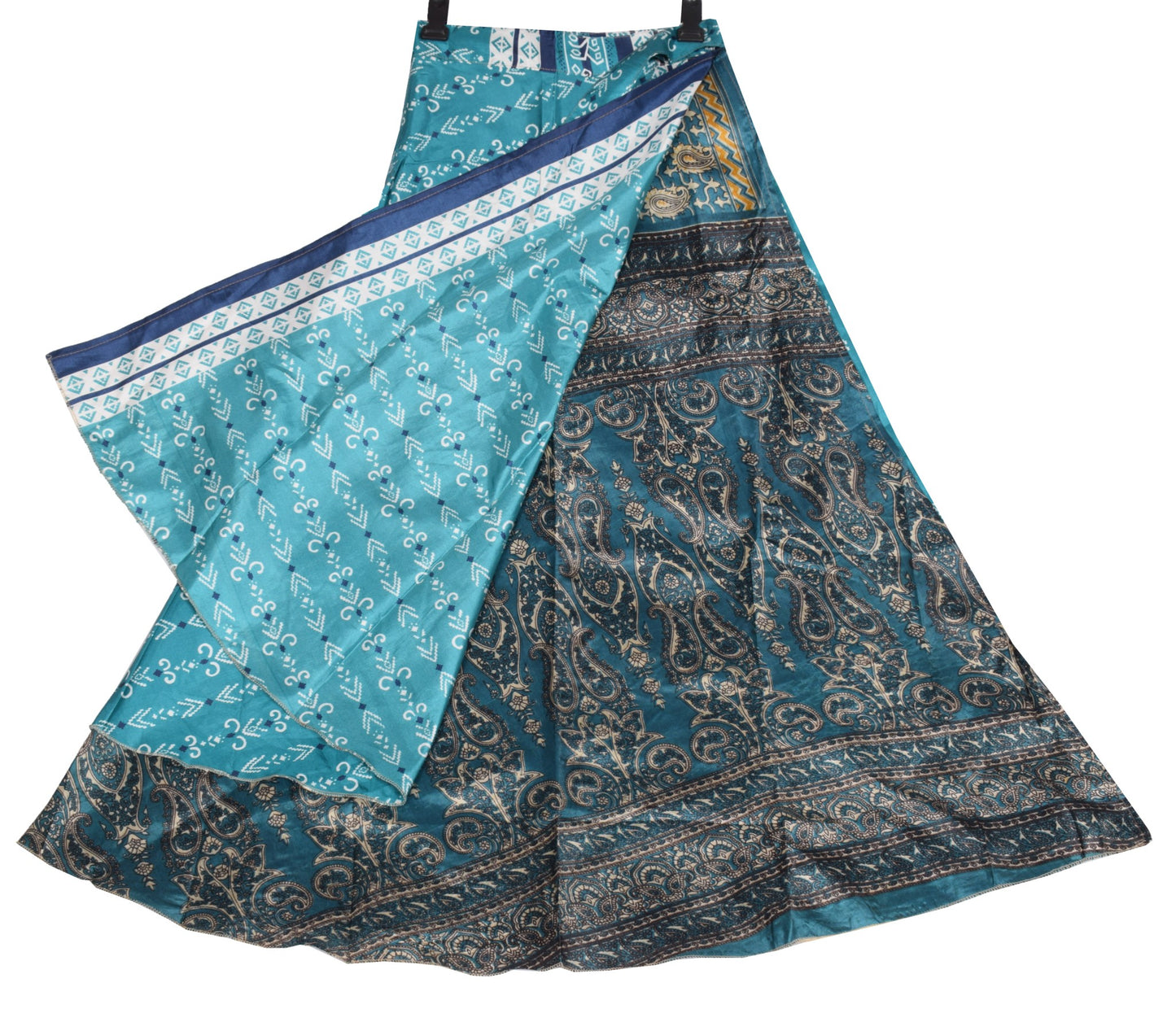 Sushila Vintage Tal Blue Art Silk Saree Magic Wrap Reversible Skirt Beach Dress