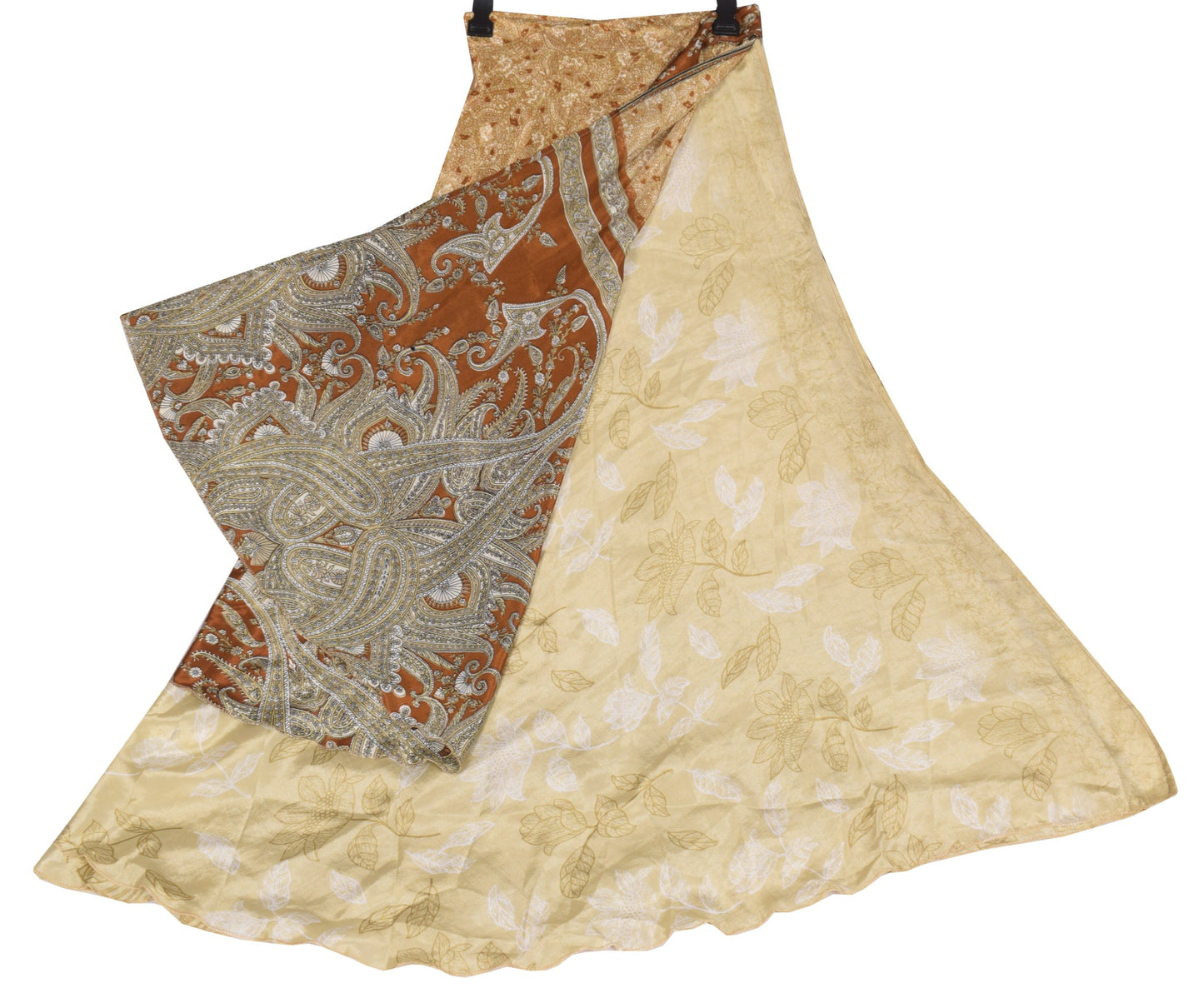 Sushila Vintage Cream Floral Saree Magic Wrap Reversible Skirt Art Silk Beach Dress