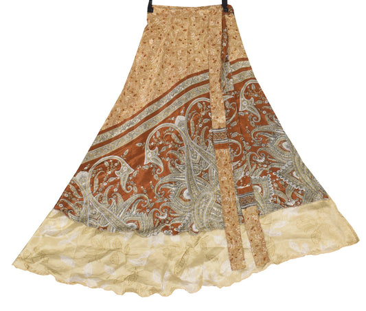 Sushila Vintage Cream Floral Saree Magic Wrap Reversible Skirt Art Silk Beach Dress