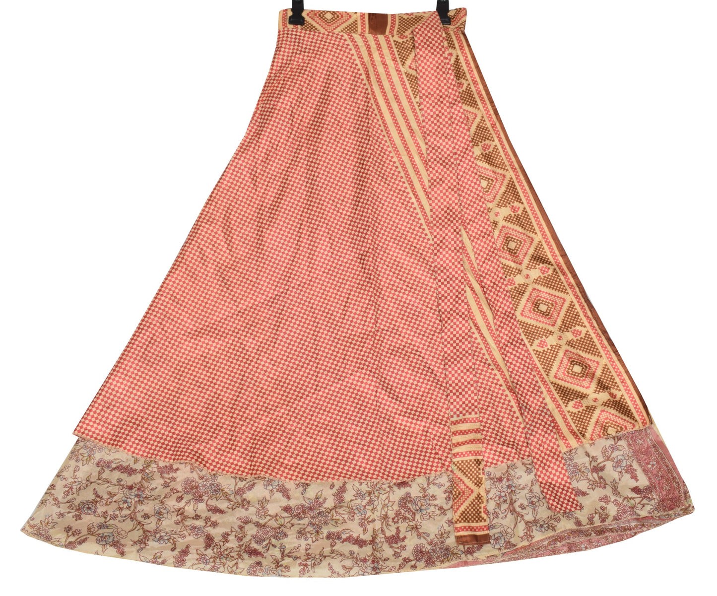 Sushila Vintage Art Silk Saree Magic Wrap Reversible Skirt Beige Checks Beach Dress