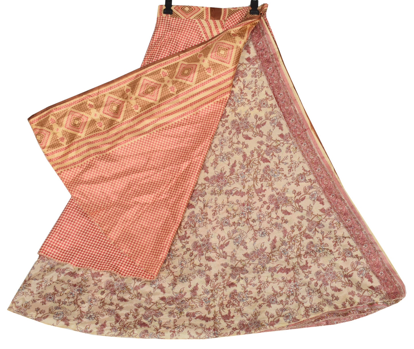 Sushila Vintage Art Silk Saree Magic Wrap Reversible Skirt Beige Checks Beach Dress