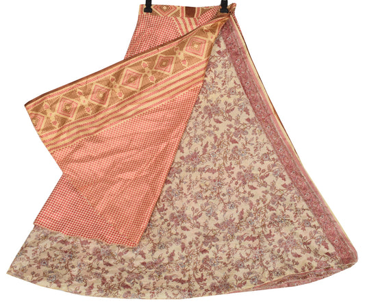 Sushila Vintage Art Silk Saree Magic Wrap Reversible Skirt Beige Checks Beach Dress