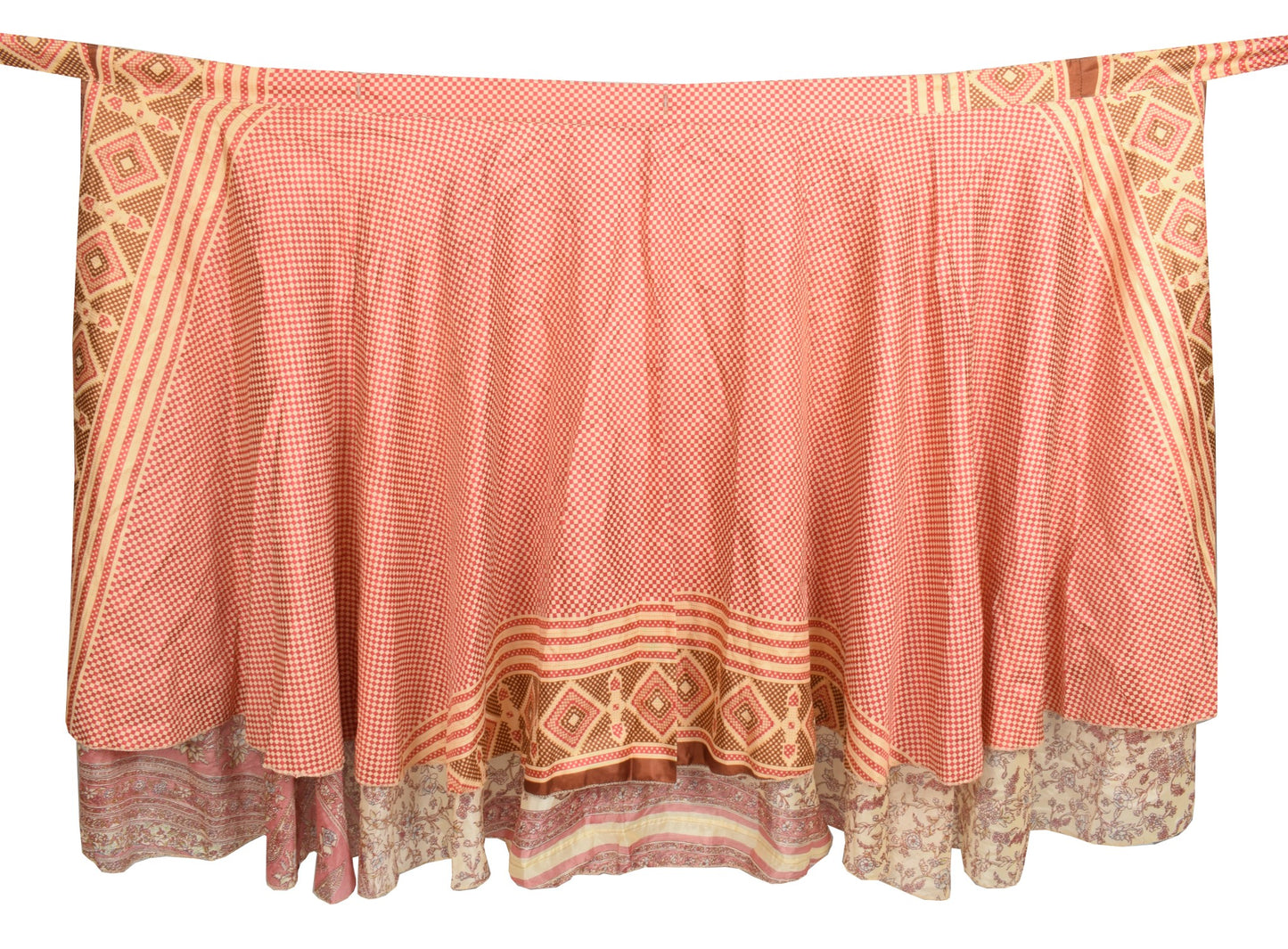 Sushila Vintage Art Silk Saree Magic Wrap Reversible Skirt Beige Checks Beach Dress