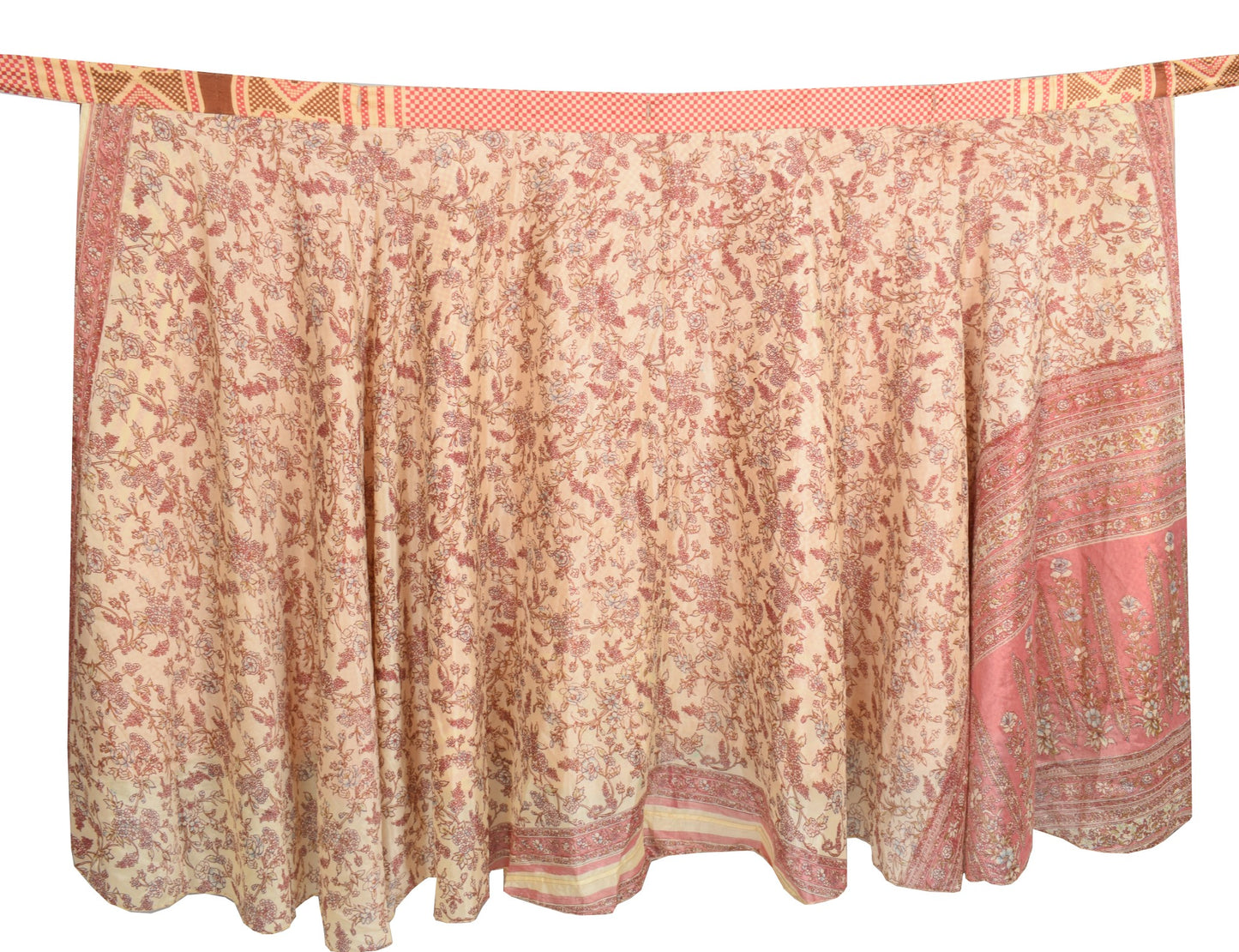 Sushila Vintage Art Silk Saree Magic Wrap Reversible Skirt Beige Checks Beach Dress