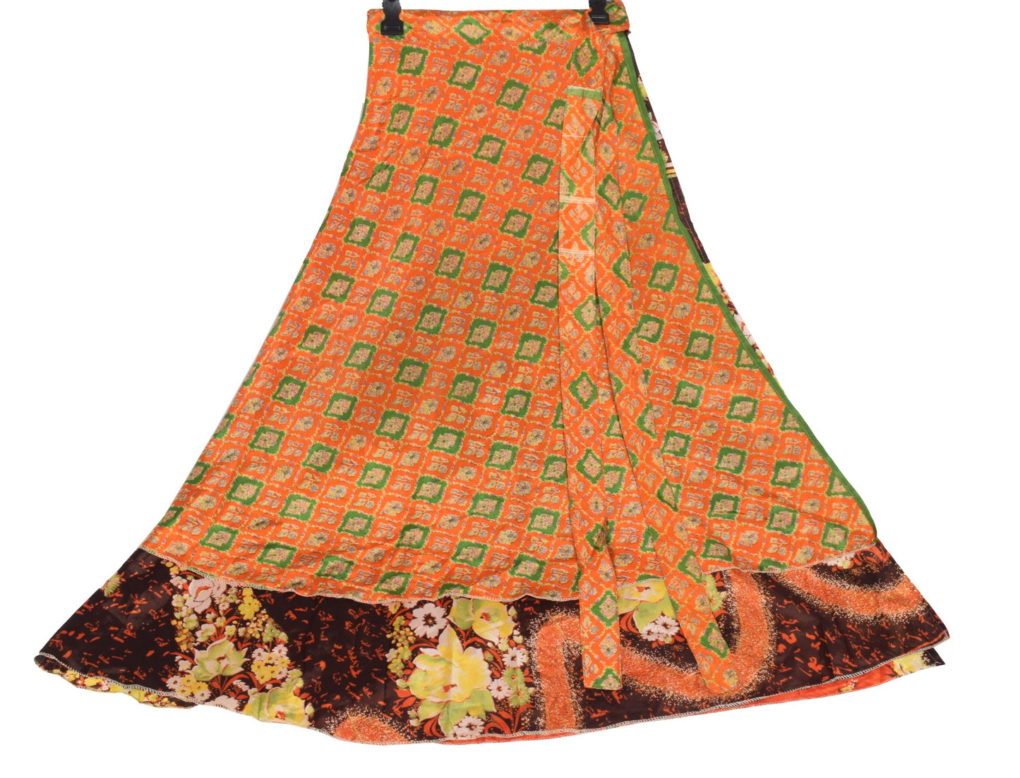 Sushila Vintage Magic Wrap Orange Floral Saree Reversible Skirt Art Silk Beach Dress