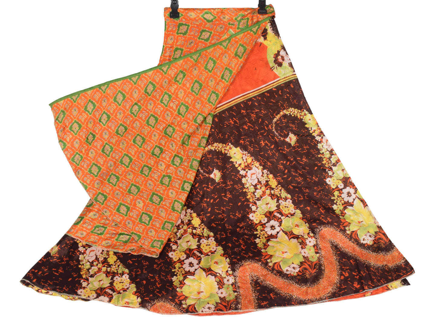 Sushila Vintage Magic Wrap Orange Floral Saree Reversible Skirt Art Silk Beach Dress