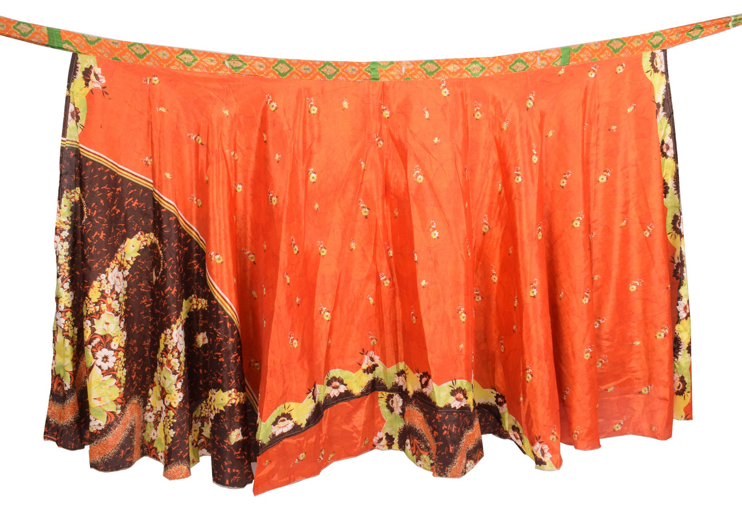 Sushila Vintage Magic Wrap Orange Floral Saree Reversible Skirt Art Silk Beach Dress