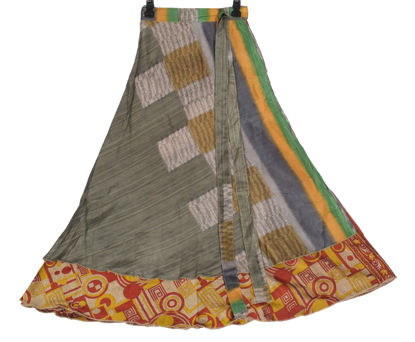 Sushila Vintage Art Silk Saree Magic Wrap Reversible Skirt Greyish Green Beach Dress