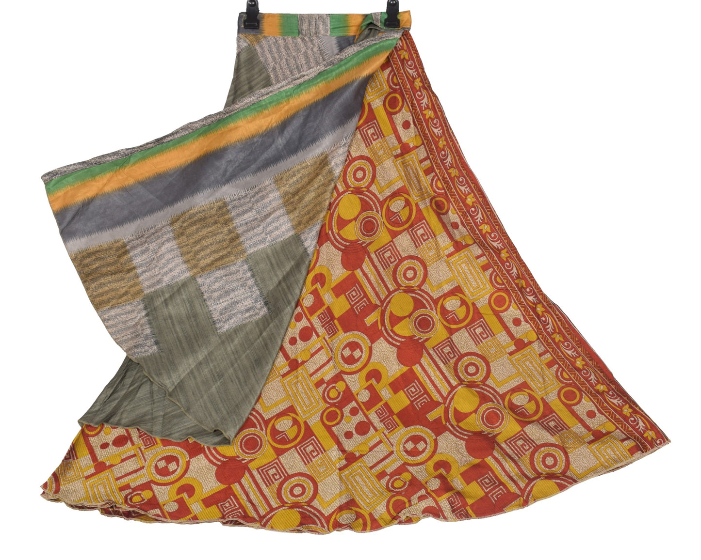 Sushila Vintage Art Silk Saree Magic Wrap Reversible Skirt Greyish Green Beach Dress