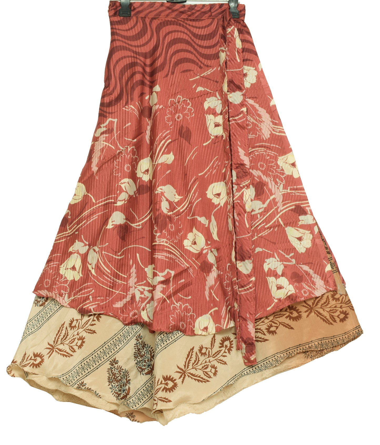 Sushila Vintage Maroon Saree Magic Wrap Reversible Skirt Art Silk Beach Dress Hippie