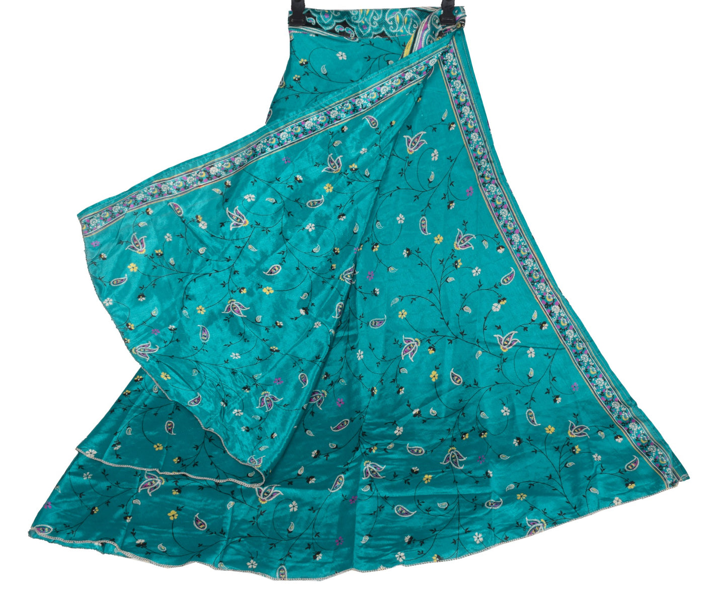 Sushila Vintage Magic Wrap Reversible Skirt Art Silk Saree Beach Dress Teal Blue
