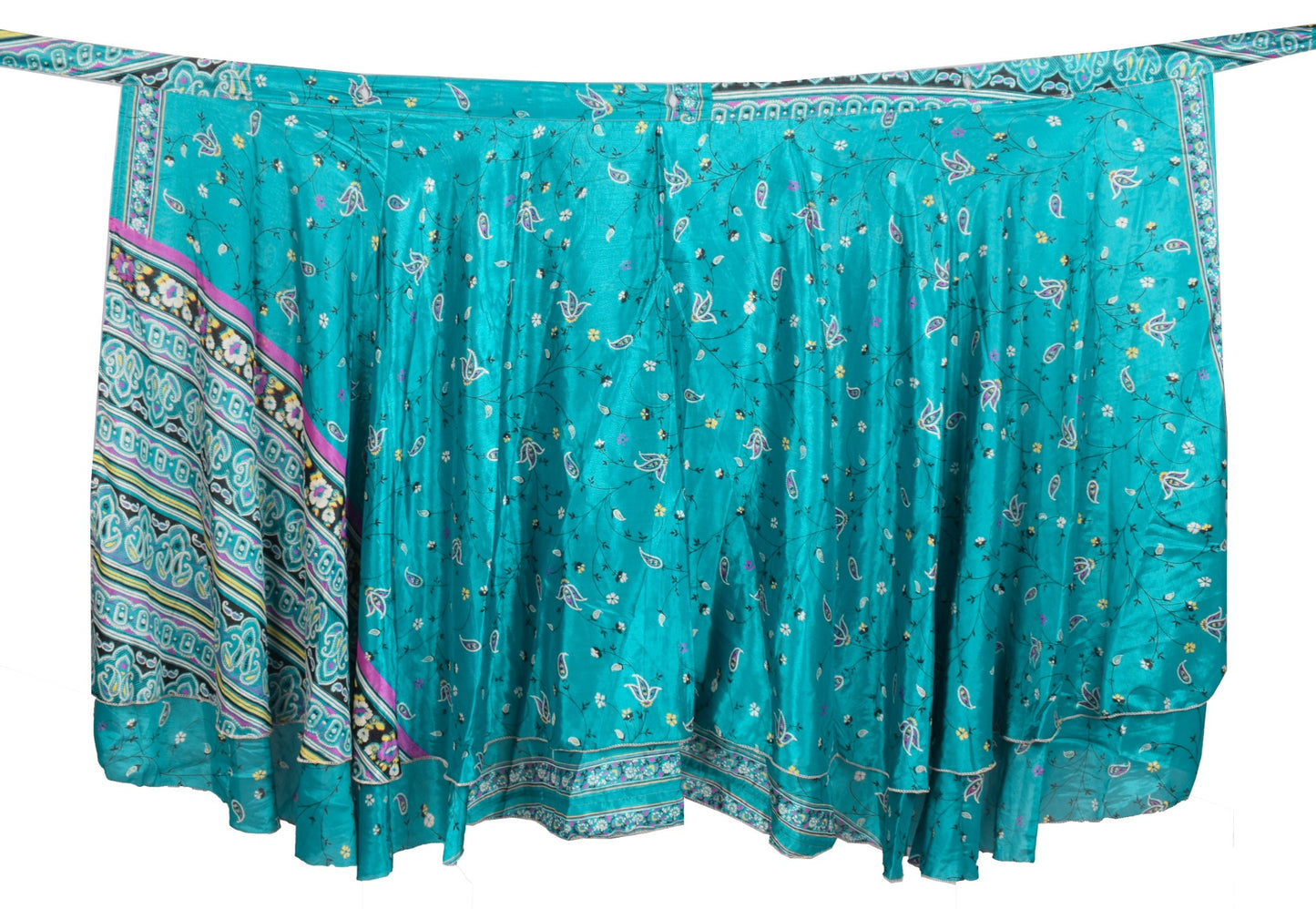 Sushila Vintage Magic Wrap Reversible Skirt Art Silk Saree Beach Dress Teal Blue