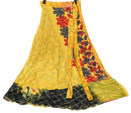 Sushila Vintage Yellow Black Silk Saree Magic Wrap Reversible Skirt Beach Dress