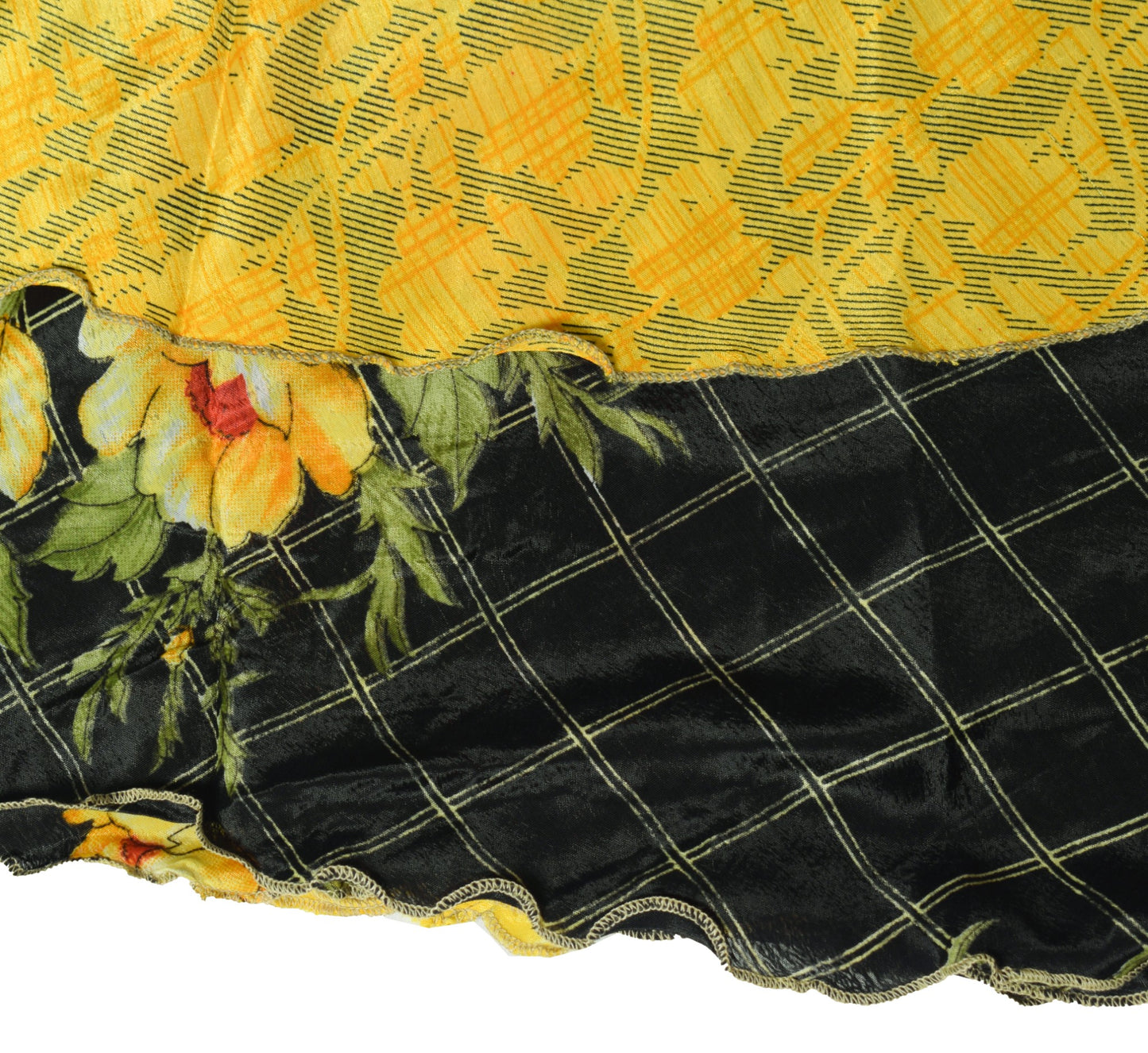 Sushila Vintage Yellow Black Art Silk Saree Magic Wrap Reversible Skirt Beach Dress