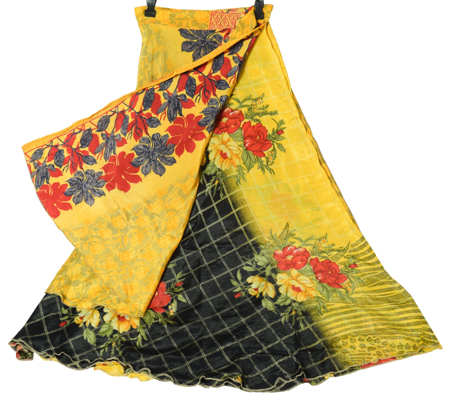Sushila Vintage Yellow Black Art Silk Saree Magic Wrap Reversible Skirt Beach Dress