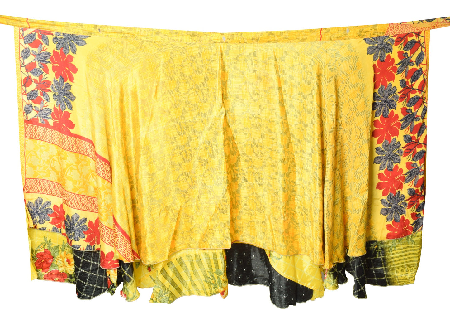 Sushila Vintage Yellow Black Art Silk Saree Magic Wrap Reversible Skirt Beach Dress