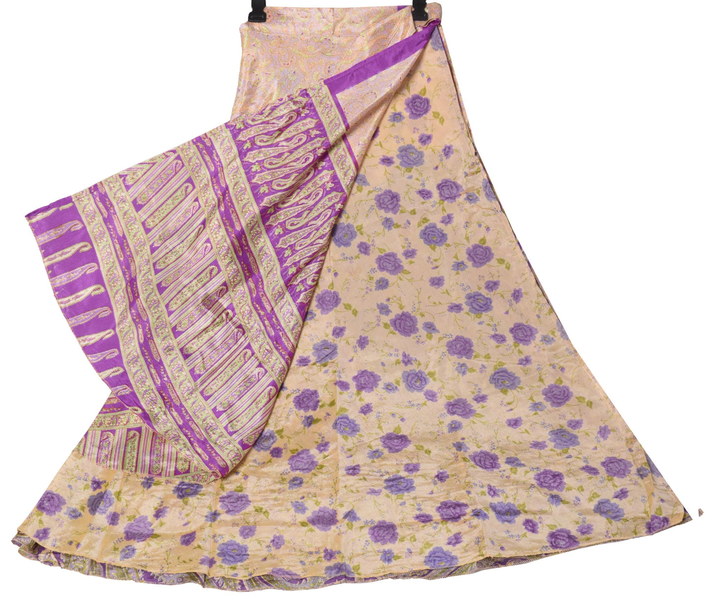 Sushila Vintage Beige Magic Wrap Reversible Skirt Art Silk Saree Beach Dress