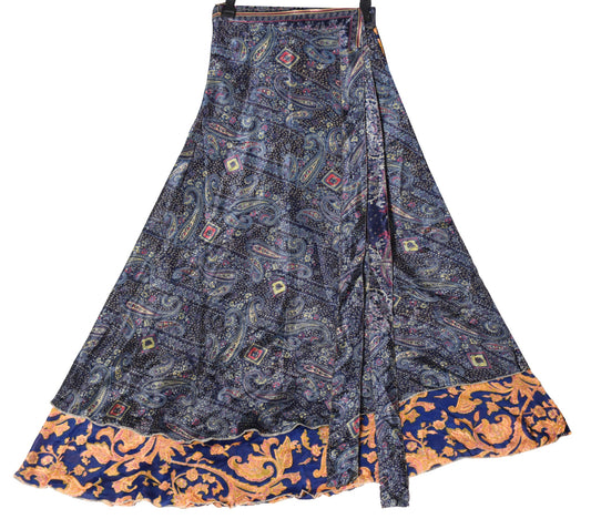 Sushila Vintage Blue 2 Layer Silk Saree Magic Wrap Reversible Skirt Beach Dress
