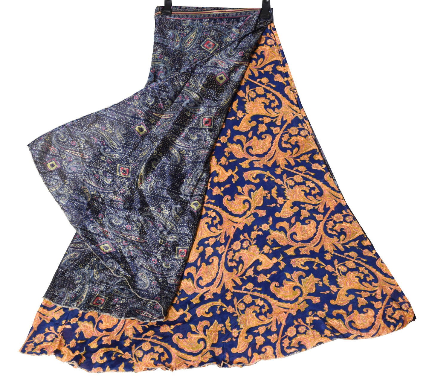 Sushila Vintage Blue 2 Layer Silk Saree Magic Wrap Reversible Skirt Beach Dress