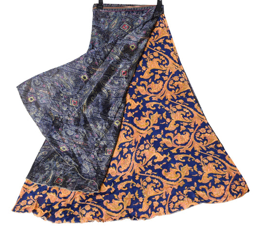 Sushila Vintage Blue 2 Layer Silk Saree Magic Wrap Reversible Skirt Beach Dress
