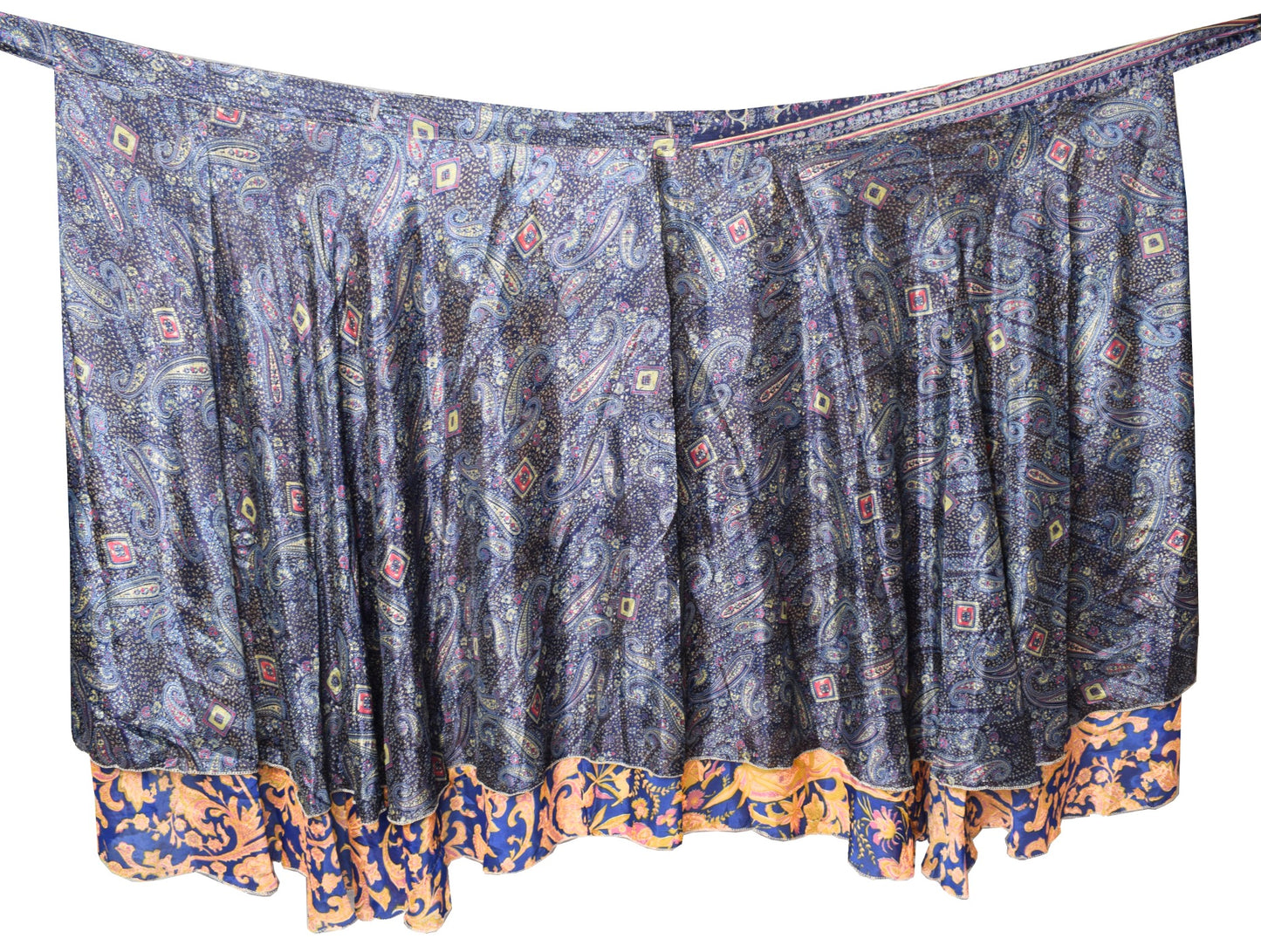 Sushila Vintage Blue 2 Layer Silk Saree Magic Wrap Reversible Skirt Beach Dress