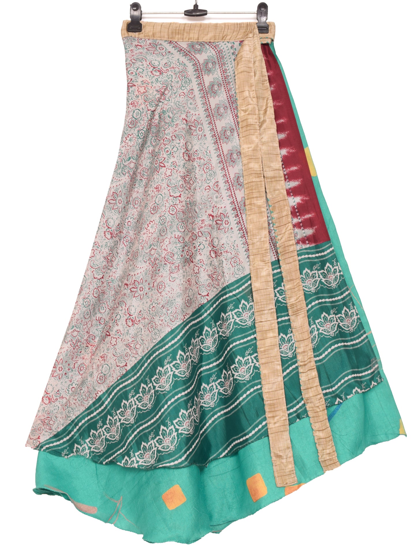 Sushila Vintage Teal Green Saree Magic Wrap Reversible Skirt Art Silk Beach Dress
