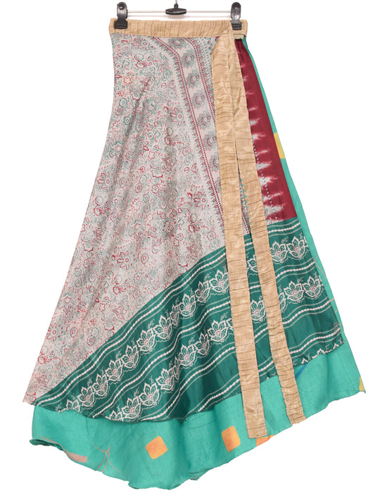 Sushila Vintage Teal Green Saree Magic Wrap Reversible Skirt Art Silk Beach Dress
