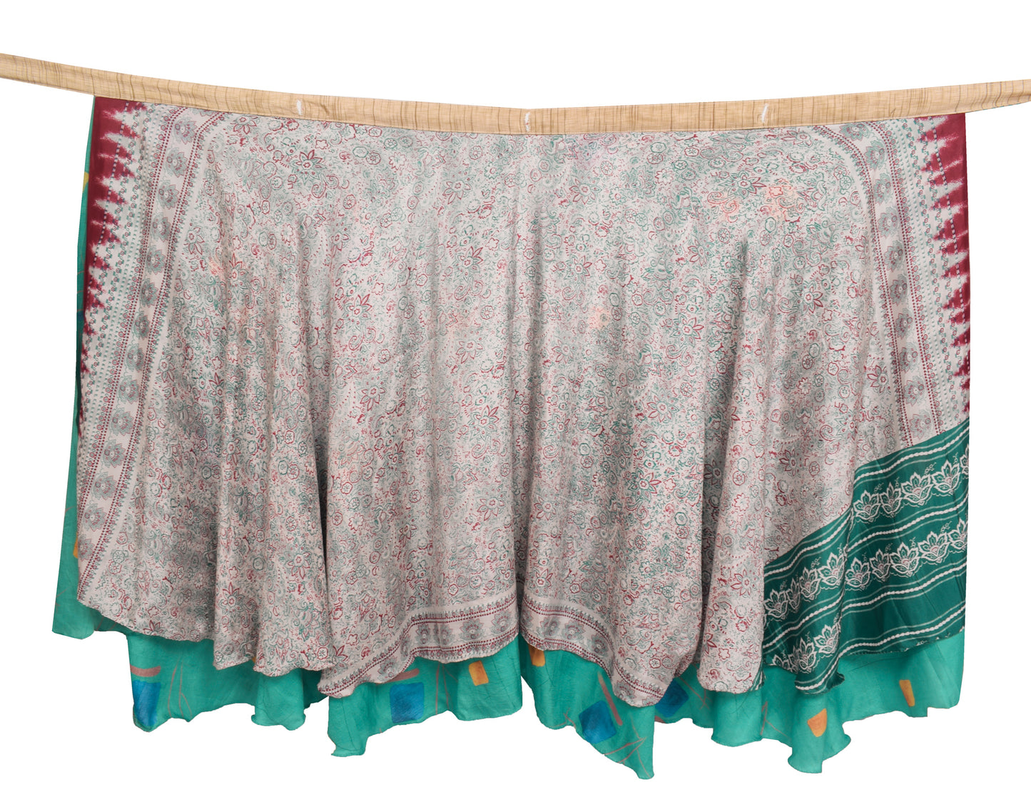 Sushila Vintage Teal Green Saree Magic Wrap Reversible Skirt Art Silk Beach Dress