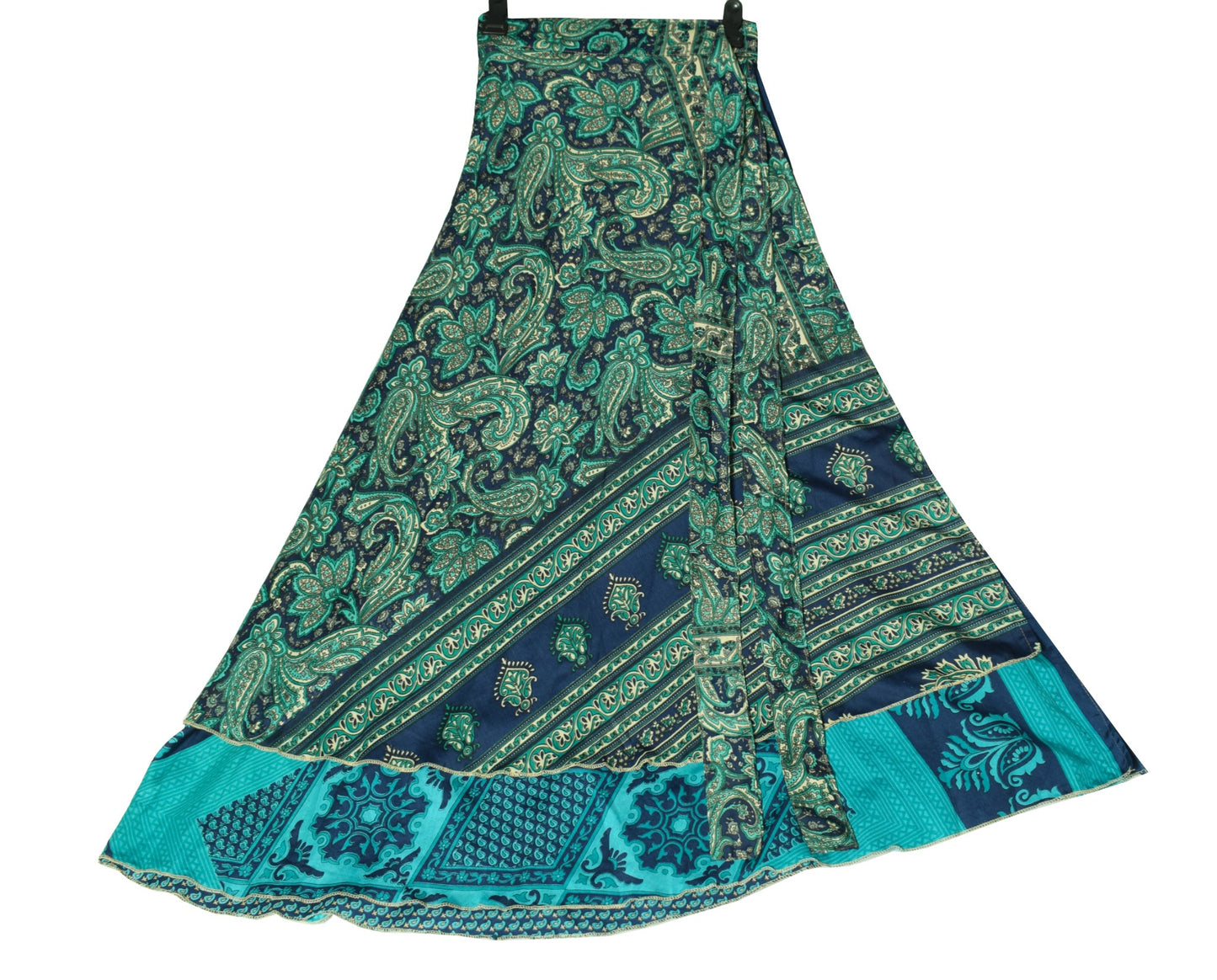 Sushila Vintage Art Silk Saree Magic Wrap Reversible Skirt Green & Blue Beach Dress