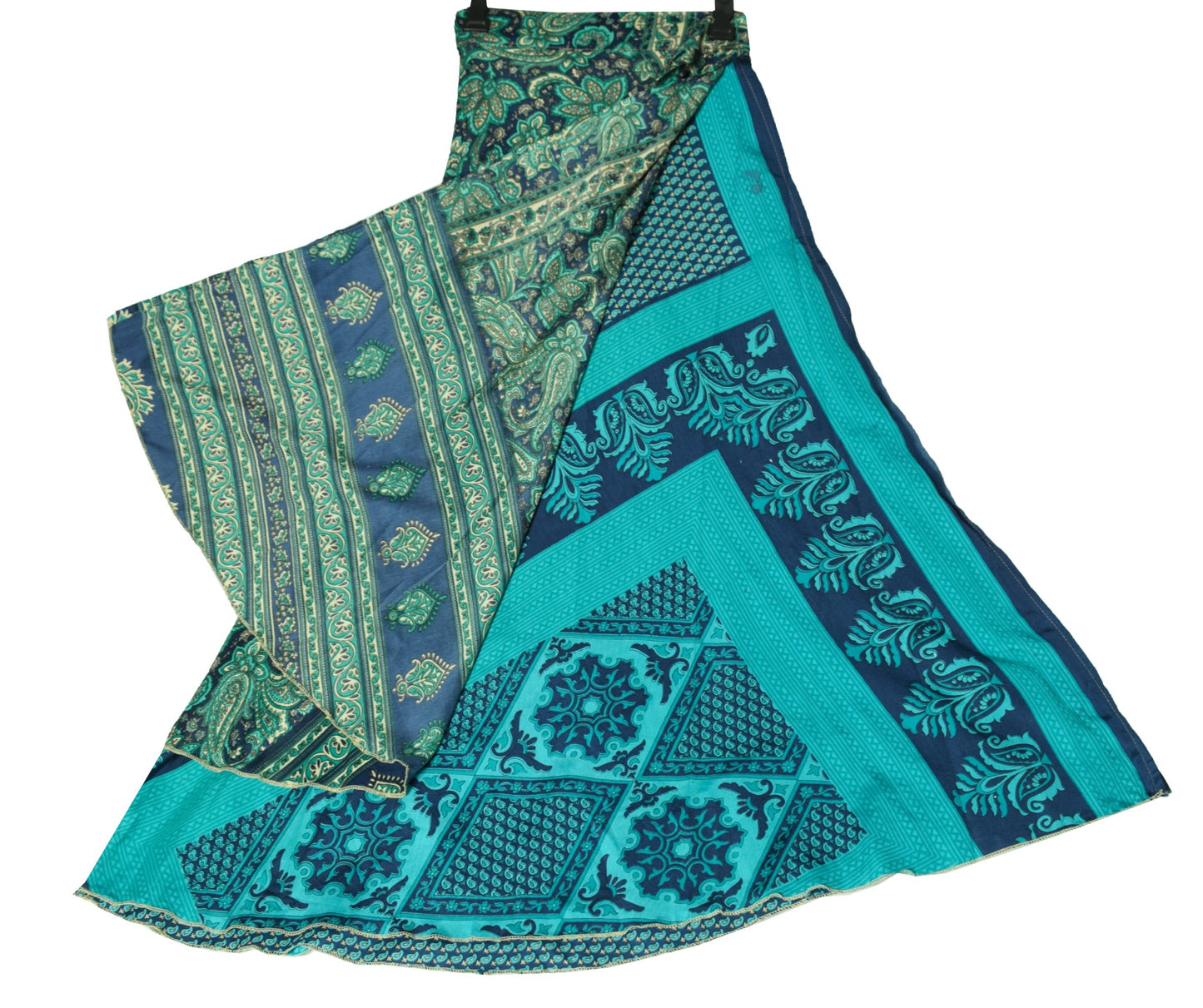 Sushila Vintage Art Silk Saree Magic Wrap Reversible Skirt Green & Blue Beach Dress