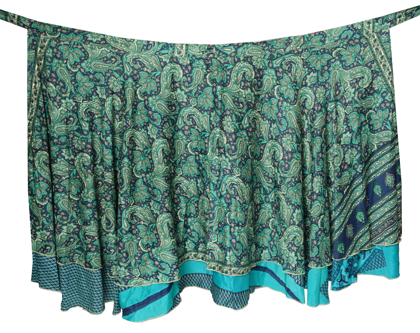 Sushila Vintage Art Silk Saree Magic Wrap Reversible Skirt Green & Blue Beach Dress