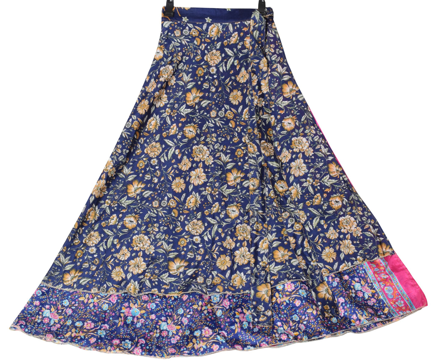 Sushila Vintage Silk Saree Magic Wrap Reversible Floral Blue Skirt Beach Dress