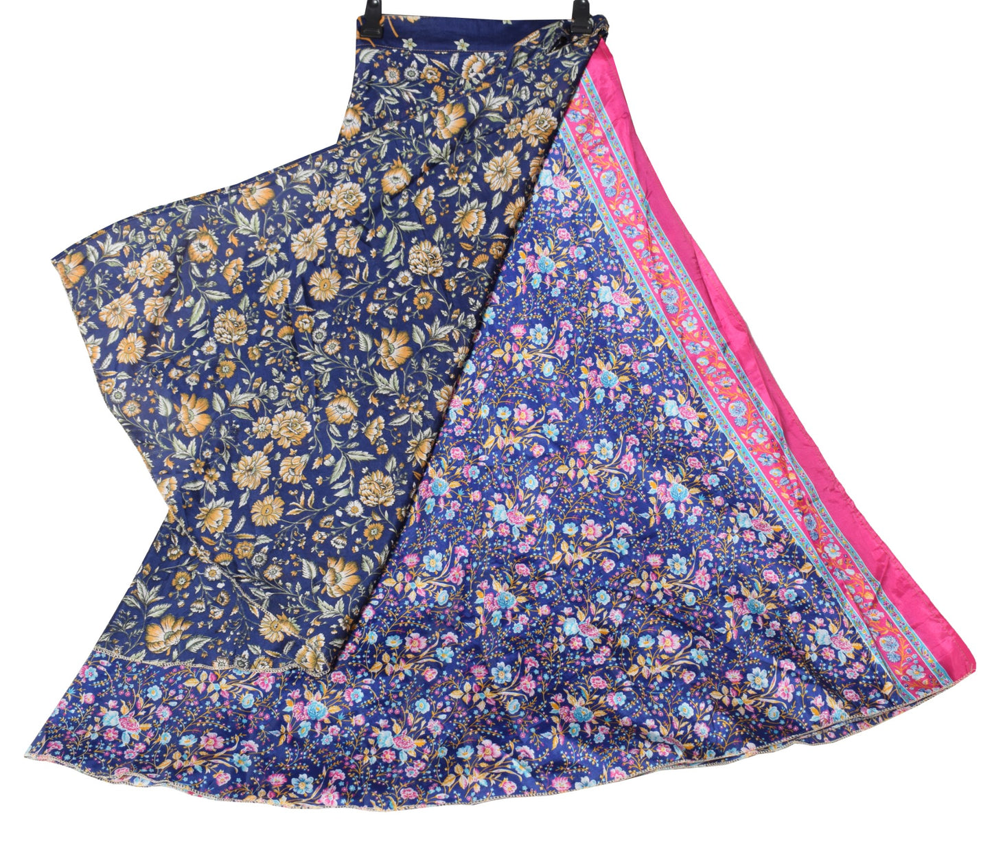 Sushila Vintage Silk Saree Magic Wrap Reversible Floral Blue Skirt Beach Dress