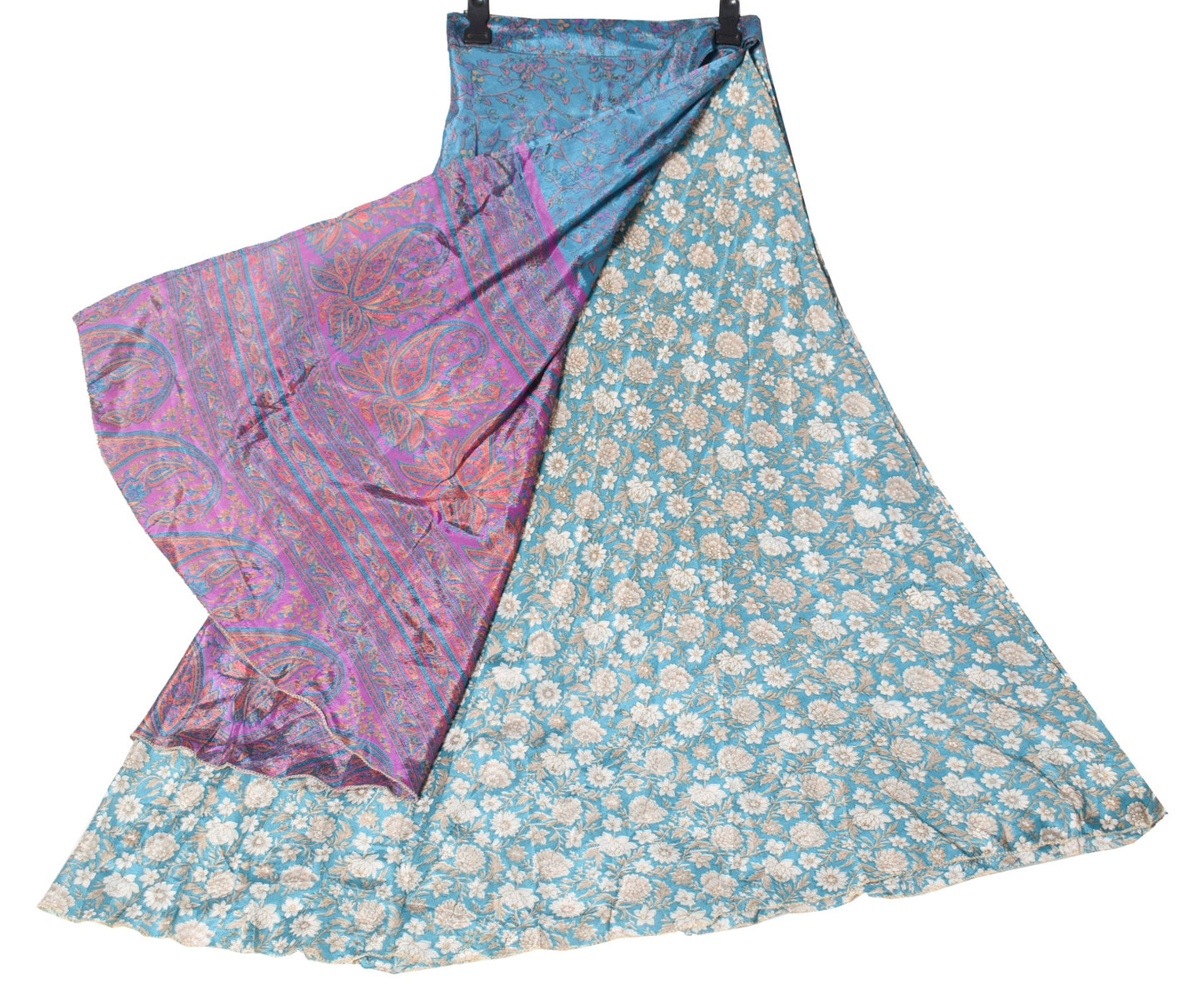 Sushila Vintage Teal Blue Silk Saree Magic Wrap Reversible Skirt Beach Dress