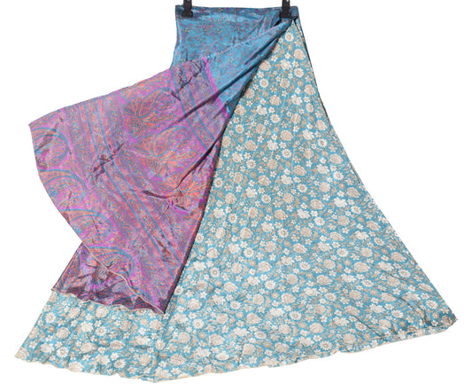 Sushila Vintage Teal Blue Silk Saree Magic Wrap Reversible Skirt Beach Dress