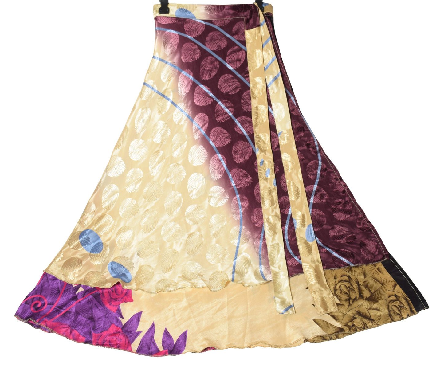 Sushila Vintage Art Silk Saree Magic Wrap Reversible Skirt Beach Dress Beige Floral
