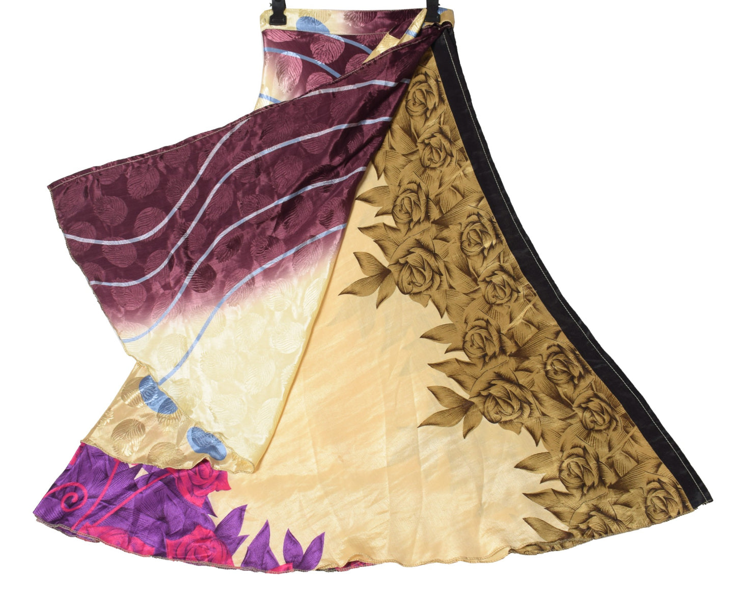 Sushila Vintage Art Silk Saree Magic Wrap Reversible Skirt Beach Dress Beige Floral