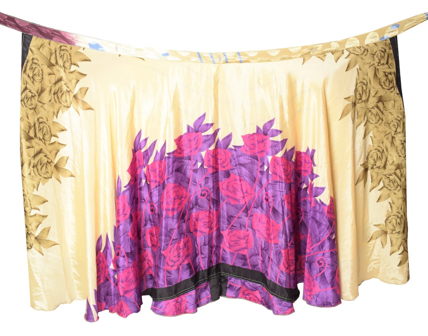 Sushila Vintage Art Silk Saree Magic Wrap Reversible Skirt Beach Dress Beige Floral