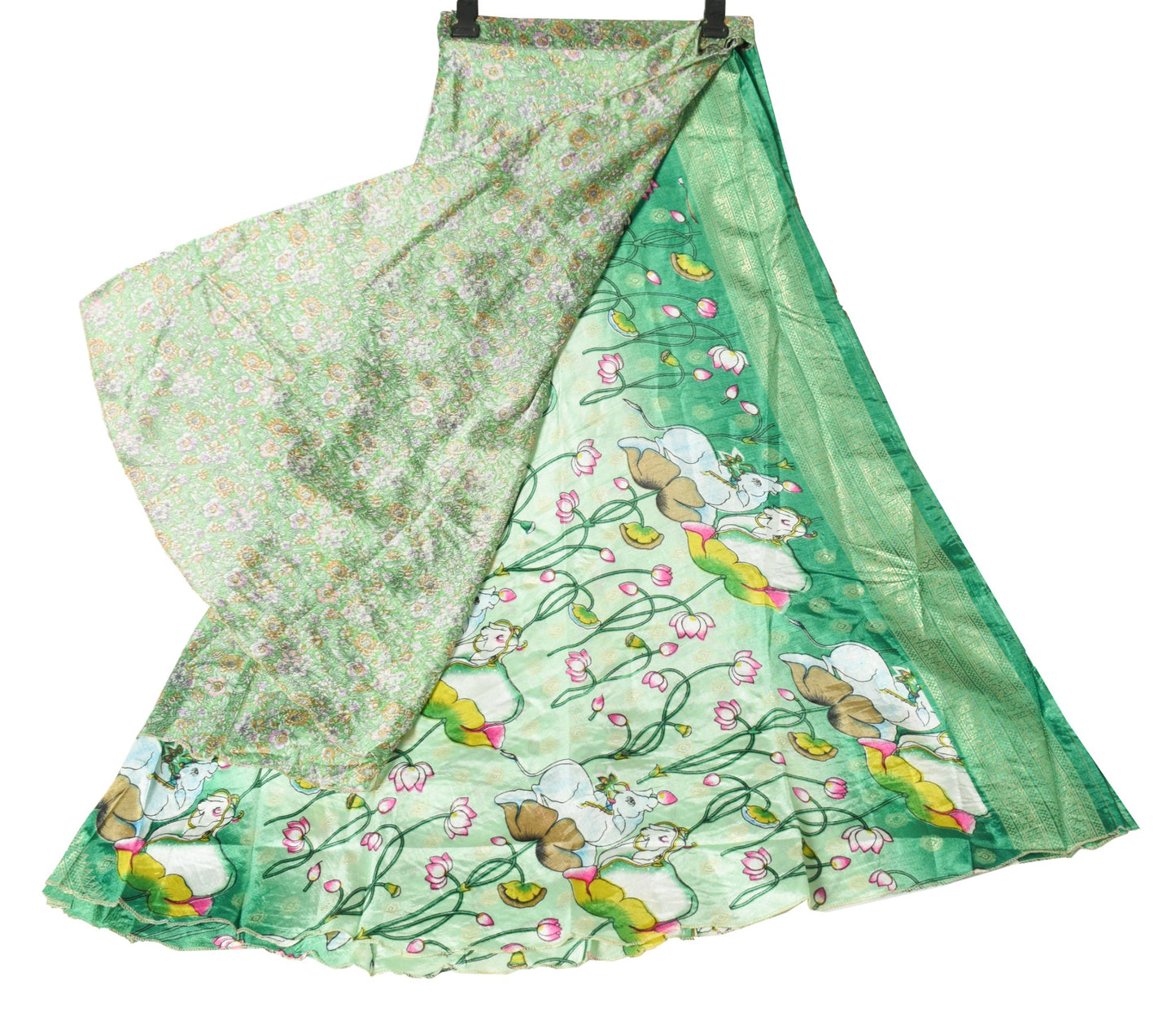Sushila Vintage Cow Print Saree Magic Wrap Art Silk Reversible Skirt Beach Dress