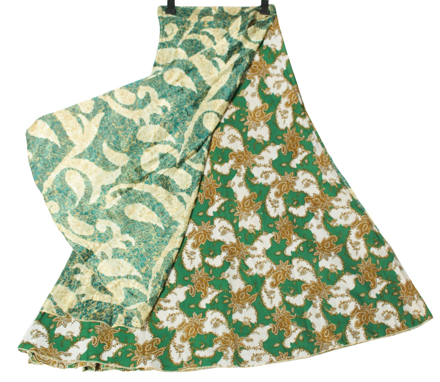 Sushila Vintage Magic Wrap Reversible Art Skirt Green Silk Saree Beach Dress