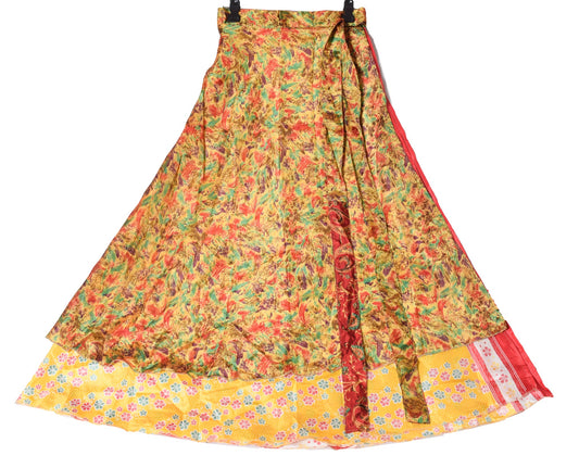 Sushila Vintage Yellow Art Silk Saree Magic Wrap Reversible Skirt Beach Dress