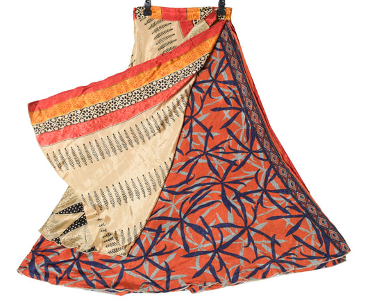 Sushila Vintage Art Silk Saree Magic Wrap Reversible Skirt Orange Beach Dress