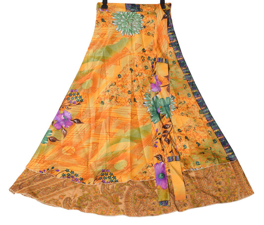 Sushila Vintage Magic Wrap Reversible Skirt Beach Dress Mustard Silk Saree Boho