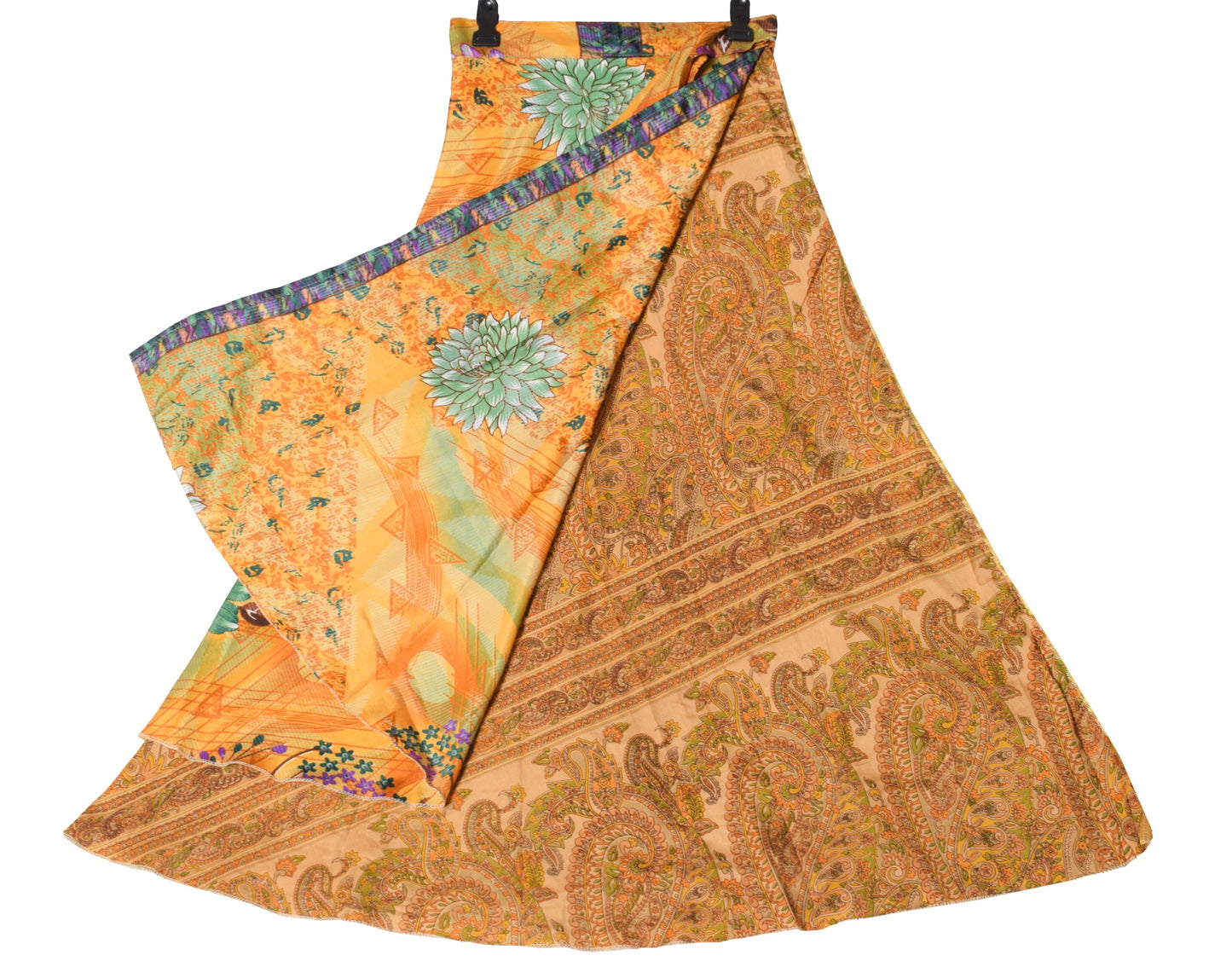 Sushila Vintage Magic Wrap Reversible Skirt Beach Dress Mustard Art Silk Saree Boho